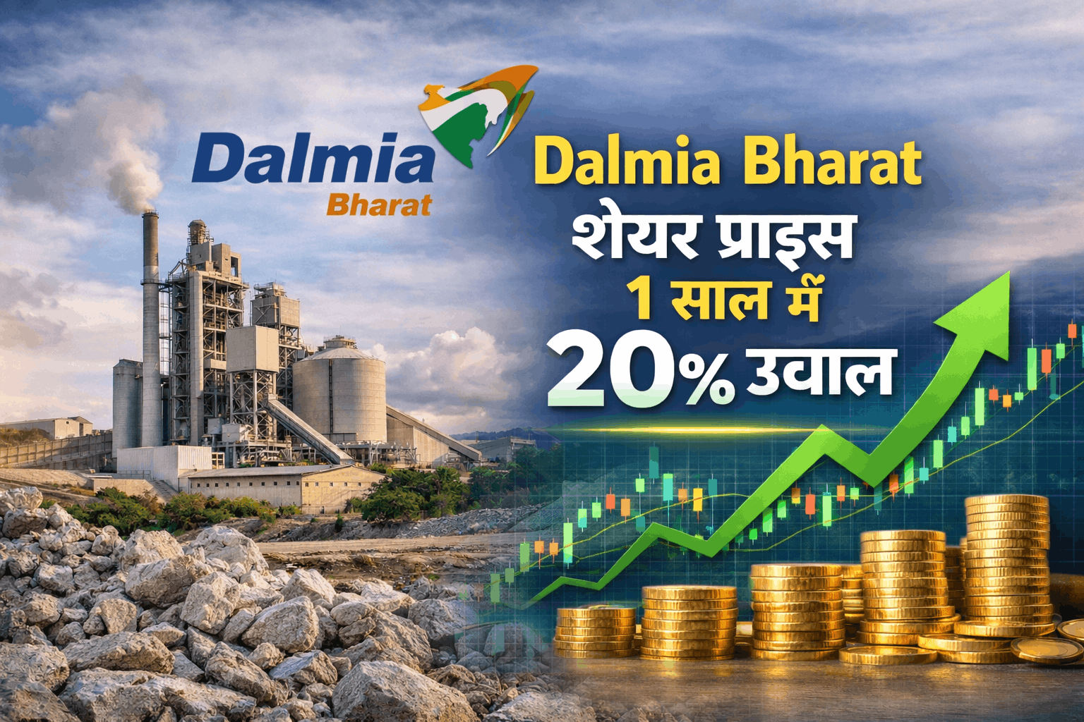 Dalmia Bharat share price ने पिछले 1 साल में लगभग 20% की मजबूत बढ़त दिखाई है, जो कंपनी के मजबूत फंडामेंटल और सीमेंट